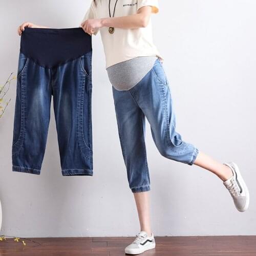 Fdfklak Summer Denim Maternity Jeans For Pregnant Women Clothes Elastic Waist Belly Loose Pants Pregnancy Plus Size L-5XL