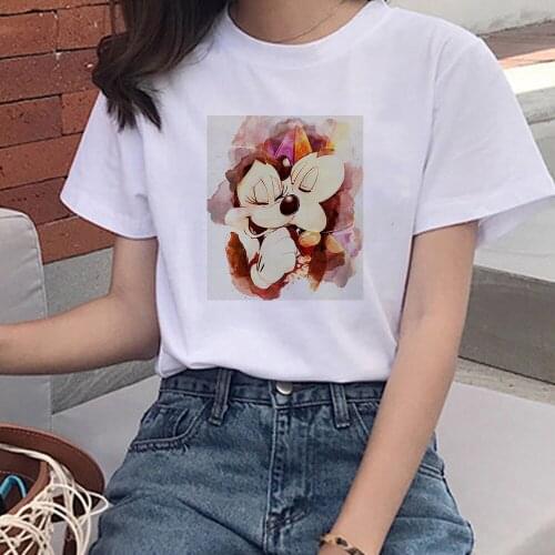 Mickey Kiss Minnie Mouse Printed Tshirts Summer Casual Short Sleeve Harajuku Tees Disney Girls Tops Loose Couple Tops
