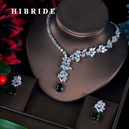 HIBRIDE Fashion Green CZ Jewelry Sets For Women Flower Design Necklace Earrings Bijoux Set Party Wedding Gift Wholesale N-595