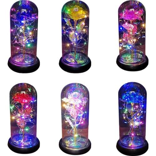 Colorful Eternal Flower Glass Cover Mothers Day Gift Beauty And The Beast Led Lights Glowing Simulation Immortal Flower Gift
