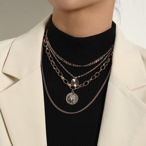 Punk Exaggerated Multilayer Thick Chains Round Coin Pendant Necklaces Women Vintage Geometric Sweater Chains Necklace Jewelry