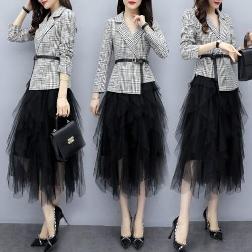 Fashion Girl Suit Women 2 Piece Set mesh patchwork Blazer Skirt Set elegant ensemble femme survetement