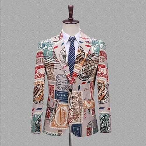 Men New Retro Vintage Stamps Print Casual Blazer Hombre Men DJ Singer Night Club Slim Fit Suit Jacket Prom Party Costume