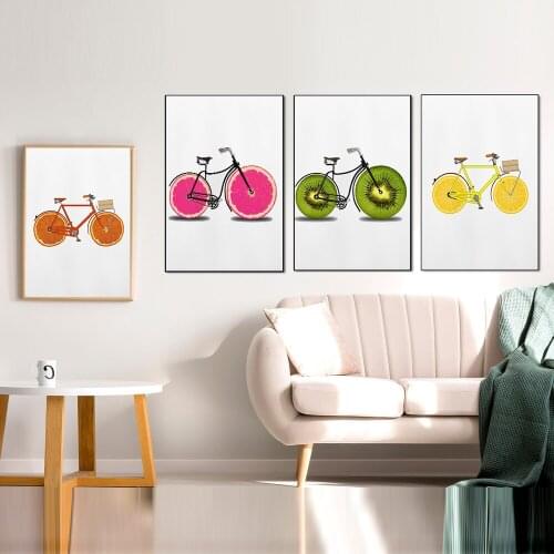 Funny Fruit Lemon Kiwi Strawberry Bike Canvas Painting Wall Art Nordic Posters and Prints Wall Pictures for Living Room Decor