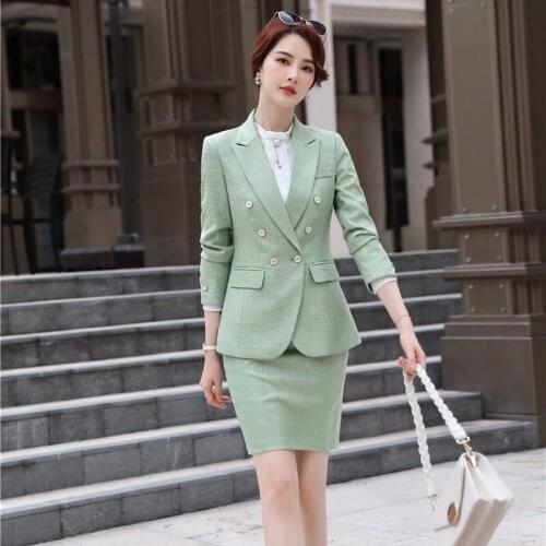 New 2020 Fashion Green Women Business Suits with Skirt and Jacket Sets Ladies Work Clothes Office Uniform Styles