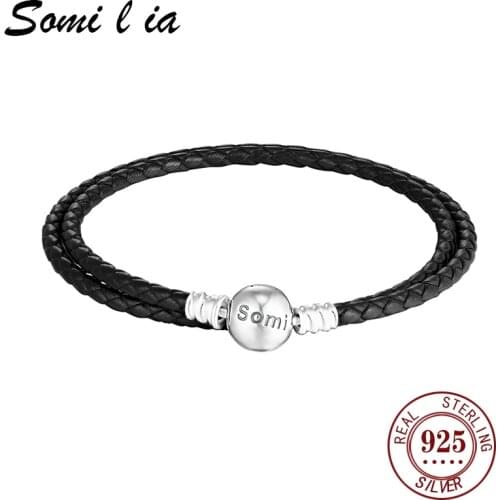Somi l ia Original Authentic 100% 925 Sterling Silver Black Leather Charms Bracelet Pdora DIY Women Beads Making Sliding Bangles