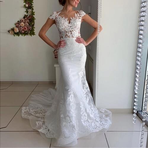 Romantic Mermaid Wedding Dresses Lace Appliques Cap Sleeves Illusion Bridal Gowns Sweep Train Bride Dress Custom Made