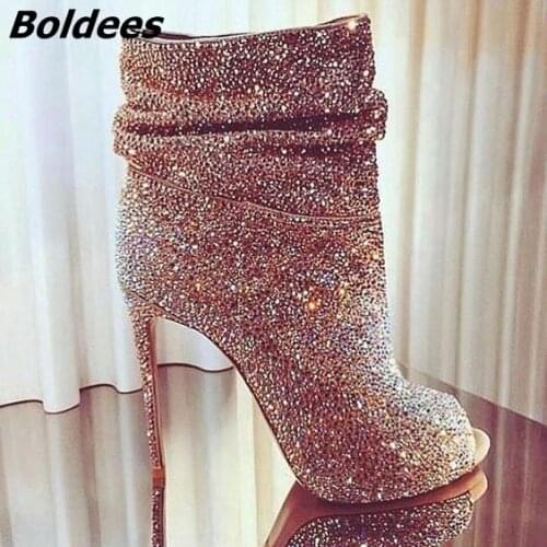 Luxury Women Bling Bling Crystal Ankle Boots Open Toe Stiletto Heels Ankle Boots Shining Diamond Gold Dress Shoes Big Size 10