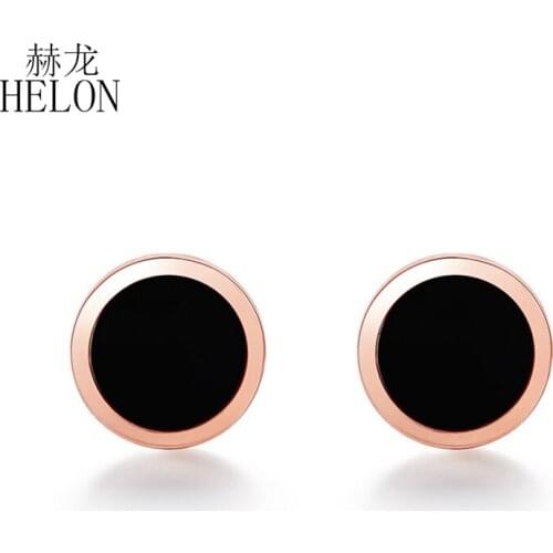 HELON 18K Rose Gold Round 5mm Genuine Black Agate Stud Earrings AU750 Gold men and women common lovers simple Earrings Gift