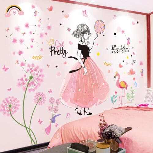 [shijuekongjian] Dandelion Flowers Wall Stickers DIY Cartoon Girl Wall Decals for Living Room Kids Room Kitchen House Decoration