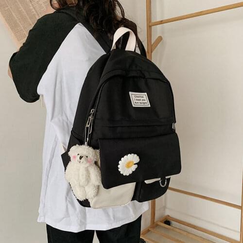 Girls School Bags for Teenagers Student Backpack Women Nylon Soft Patchwork Bookbag Teen Panelled Flowers Casual Schoolbag Black