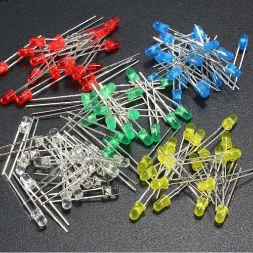 Mycyk 3mm LED Emitting Diodes Light Kit 100pcs/ lot Round Top 5 Colors Green White Red Blue Yellow For DIY Lighting Assortment