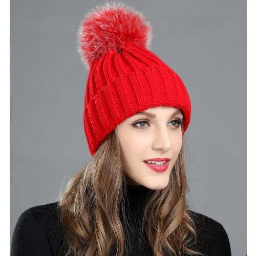 Girl Women Winter Wool Beanie Cap Real Raccoon Fur Pom Parent-child Knitted Hat Core Yarn Warm Casual Skullies Beanies Bones