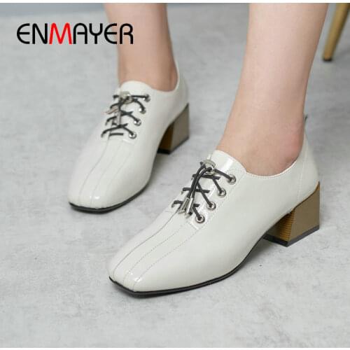ENMAYER 2019 Basic Patent Leather Square Toe Womens Shoes Lace-Up Women Pumps Casual Square Heel Classics Sewing Womens Heels