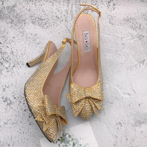 CHS1249 Custom Handmade SlingBacks Dress Pumps Big Size High Heel Women Shoes Bridal Wedding Champagne Gold Crystal Shoes