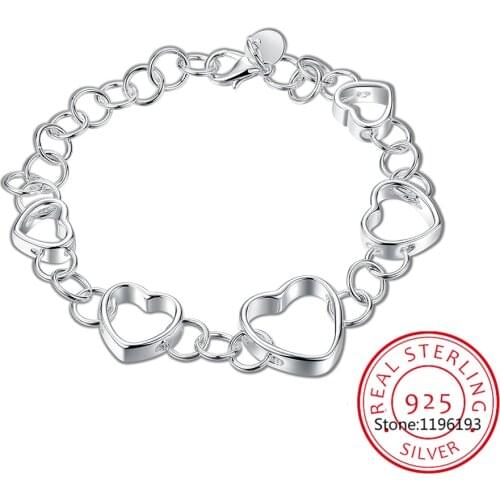 925 Sterling Silver Fashion Heart Cuff Beads Chain Charm Bracelet for Women 20cm for Teen Girls Lady Gift Women Fine Jewelry