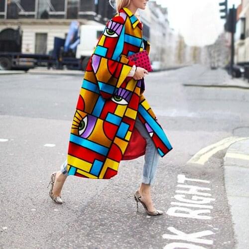 2021 autumn and winter stitching pattern printing womens fashion multi-color printing long trench coat Windbreaker jacket