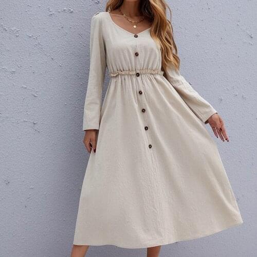 Sexy Square Neck Dress Womens 2021 New Autumn A-line Dress Single Row Hedging Casual Solid Color Long Waist Dress