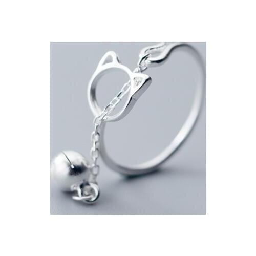 100% Authentic REAL.925 Sterling Silver Fine Jewelry Animal Kitten Cat & Jinjle Bell adjust ring womens GTLJ1597