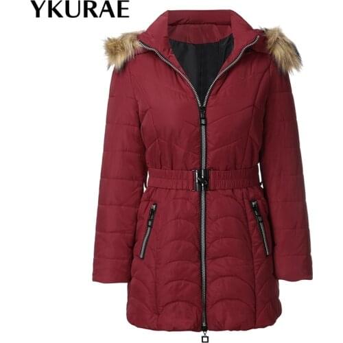 Women Winter Coat Elegant Cotton Clothes Womens Jackets Lady Fleece Fur Coat Hooded Snow Outwear Hat Detachable EU Size FL113