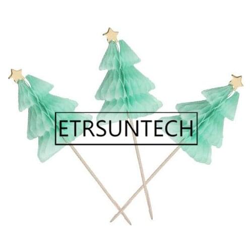 100sets 3D Green Christmas Tree Honeycomb Picks Xmas Series Sticks Art Toothpicks Cupcake Cake Toppers Party Decor