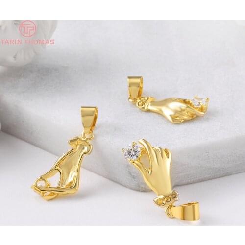 4PCS 6PCS 26x11MM Hole 4MM 24K Gold Color Brass with Zircon Hand Pendants Charms High Quality Diy Jewelry Findings Accessories