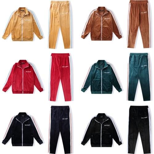 Palm Angels 21SS Logo letters Men and Women Velvet striped casual retro campus for men and women sports zipper Suit Sport Suit