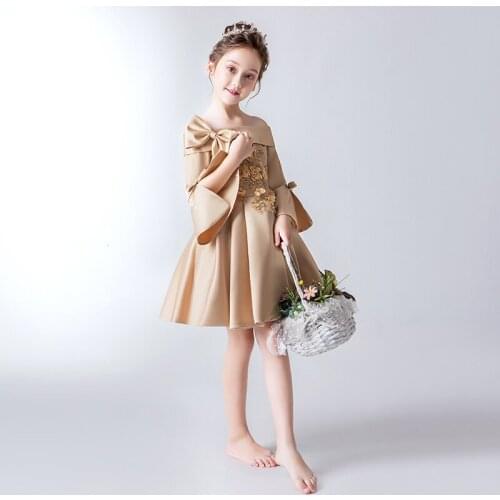 Apricot Girl Dress Elegant Princess Long Sleeve Wedding Flower Girl Dress Evening Party Birthday Vestidos Girls Dresses AE50GD