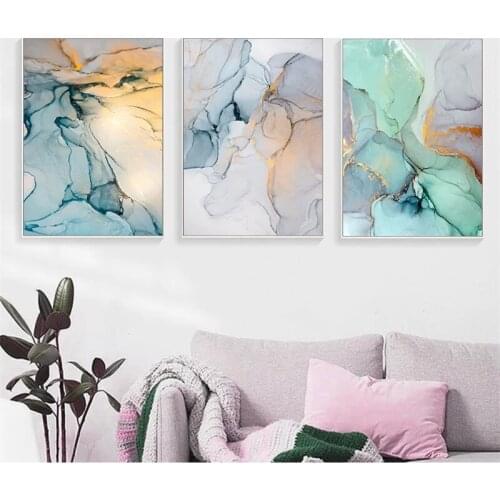 Abstract Wall Art Beautiful Turquoise and Golden Marbles Paintings Nordic Canvas Posters and Prints for Living Room Decoration