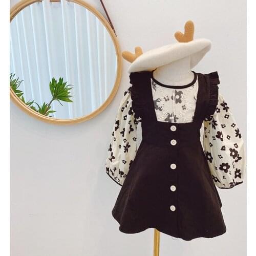 Flowers blouse kids clothes girls spring children dresses fly sleeve strap dress stweet baby girl clothes cooton outfit vestidos