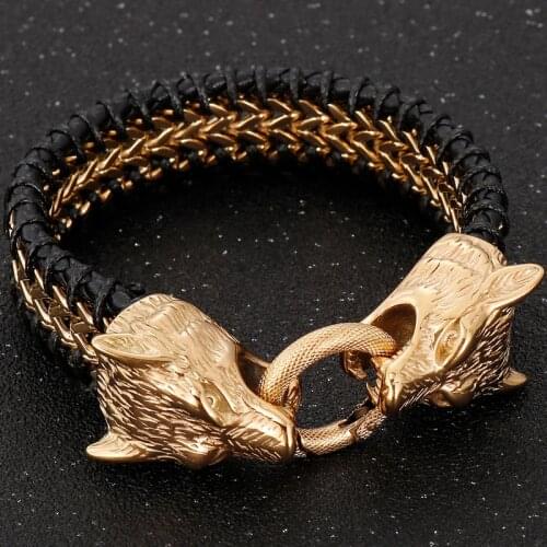 Punk Rock Stainless Steel Male Jewelry Viking Double Wolf Head Genuine Leather Mens Bracelet Biker Homme Armband Cool Wristband