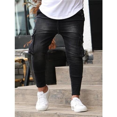 Mens Trousers Large Size Casual Fashion Simple Classic Multi-Pocket Zipper Decorative Stretch Cargo Mid-Waist Jeans