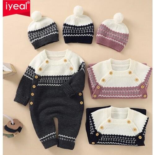 IYEAL Baby Rompers With Hat For Girls Long Sleeve Autumn Newborn Boys Jumpsuit Knitted Outfit Toddler Infant Kid Baby Clothes