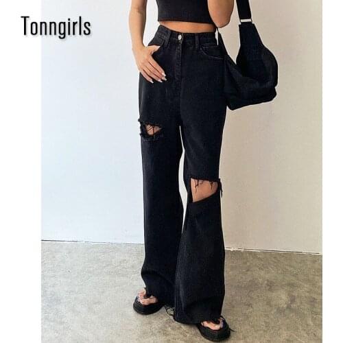 Tonngirls Streetwear Black Wide Leg Jeans Women High Waist 2021 Ripped Jeans For Women Loose High Waist Demn Pants Korean Style