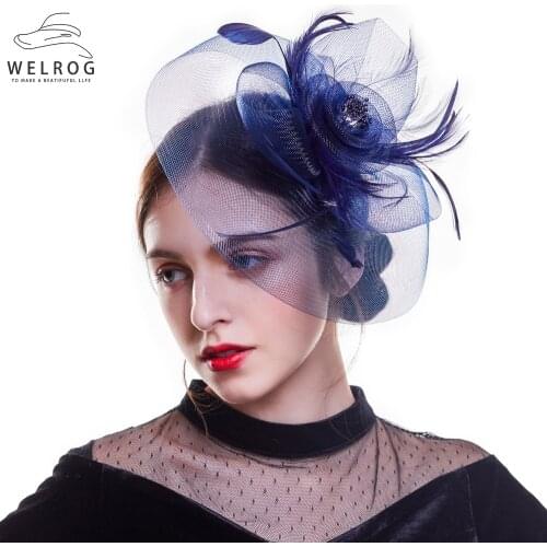 WELROG Cocktail Wedding Party Church Hats Headwear Fashion Mesh Flower Feather Top Caps Women Chic Sinamay Fascinator Hat