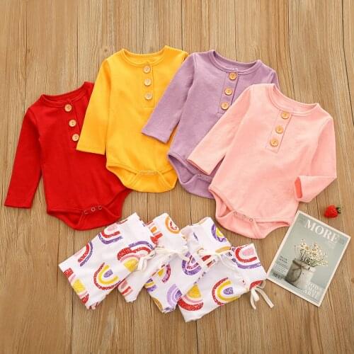 0-24M Newborn Baby Girls Romper Suit, Long Sleeve Romper Rainbow Pattern Elastic Head Long Pants 2pcs Clothes Set for Autumn