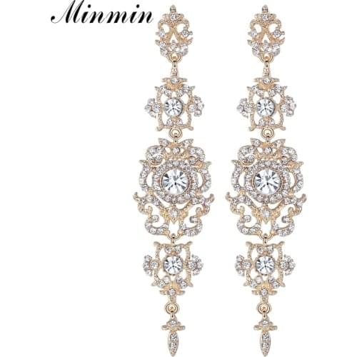 Minmin Gold Long Drop Earrings for Women Floral Shape Fashion Wedding Jewelry Bridal Crystal Dangle Earring Party EH182