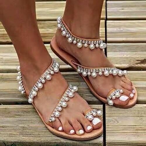 Women Fashion Roman Sandals Womens New Flat Tassel Pearl Sandal Plus Size Zapatos De Mujer Tacon Cuadrado zapatos de mujer