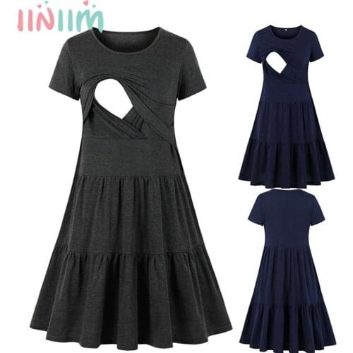 Maternity Dresses Nursing Nightgown Pleated Dress Pregnancy Short Sleeve Breastfeeding Clothes For Pregnant Women Sleepwear