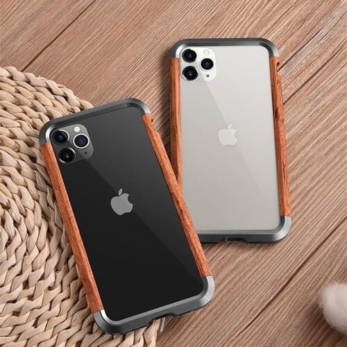 R-JUST Aluminum Metal Wood Bumper Case for iPhone 12 11 Pro Max X 7 8 XR XS MAX SE 2020 Slim Natural Wood Brand Phone Cover