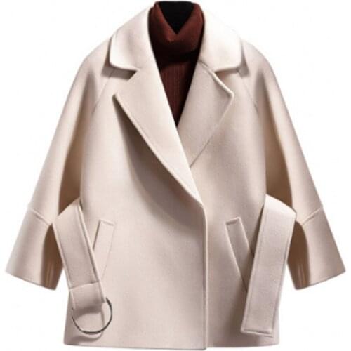 New Women Woolen Jacket Korean Wool Waist Lapel Coat Autumn Loose Long Sleeve Tops Solid Color Wild Student Short Cape Clothing