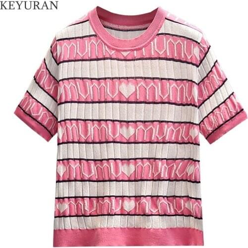 Plus Size Women Knitting Summer T-Shirt Female 2021 New Ladies Fashion Casual Heart Letter Pattern Striped Knitwear Tees Tops