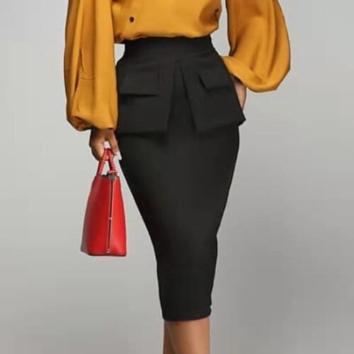 High Waist Mermaid Quality Skirt Real Photo Black Blue Ankle Length WIth Pocket Job Work Women Wear Gowns Formal Occasion