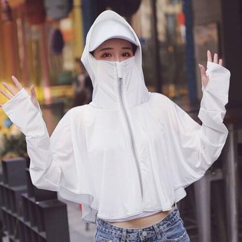 Women Zipper Closure Hooded Tops Sun Protection Clothing Solid Quick Dry Batwing Sleeve Silky Anti-UV Face Cover TT@88