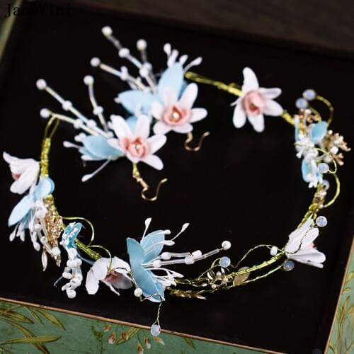 JaneVini Fashion Blue Bride Tiaras and Crowns Wedding Headband Flowers Bridal Jewelry Flower Hairbands Wedding Hair Accessories