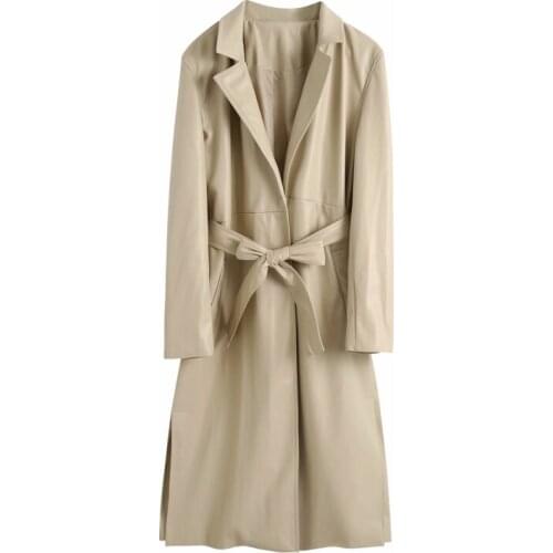 PUWD Vintage Woman Camel Leather X-Long Coats Fad Vogue Ladies Autumn Warm Belt Outerwear Female Turn Down Collar Jackets