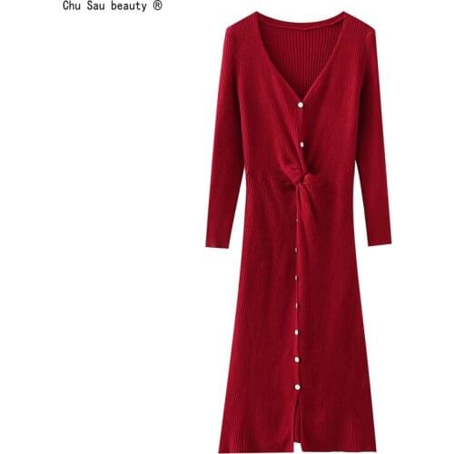 Solid Color Knitted Sweater Dress 2021 Autumn Women New Elegant Single-Breasted V-Neck Long Sleeve French Slim-Fit Dress Vestido