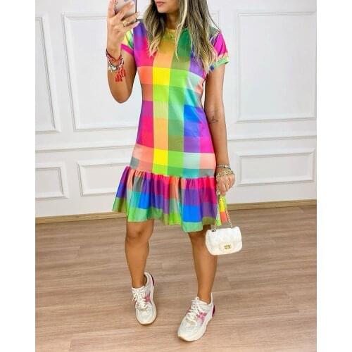 2021 Fashion Plaid Print Colorblock Ruffle Hem Short Sleeve Sexy Dress Summer Casual Dresses For Women 2021 Robe Femme Kawaii