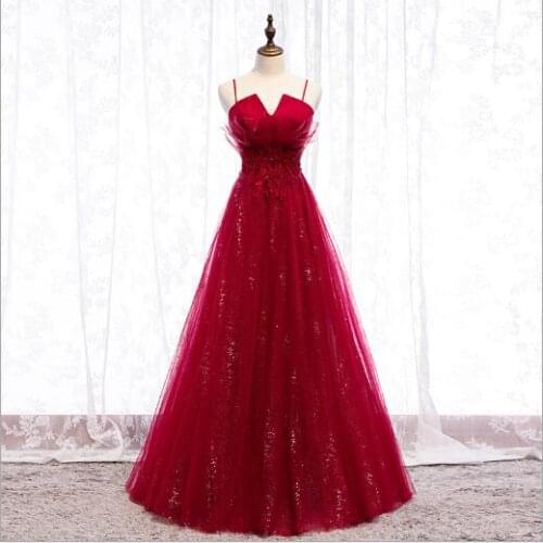 Burgundy Evening Dress Sequines Long Elegant Women for Prom V-Neck Party Dresses A-Line Tulle Simple vestidos