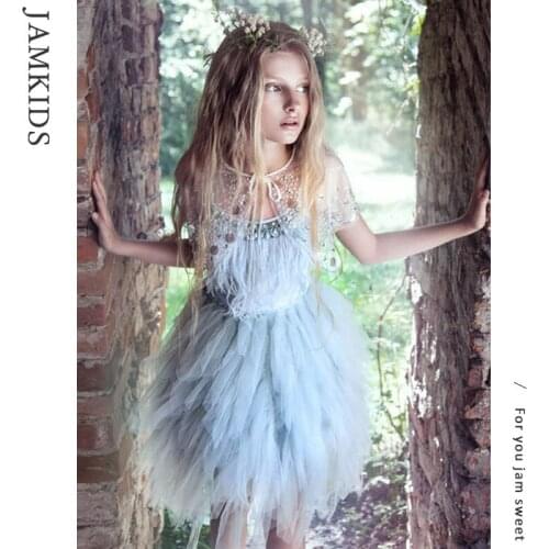 2021 Summer Fashion Girls Princess Dress Elegant Girl Feather Halter Sarong Dress Kids Girls Birthday Party Dress Ball Gown 126